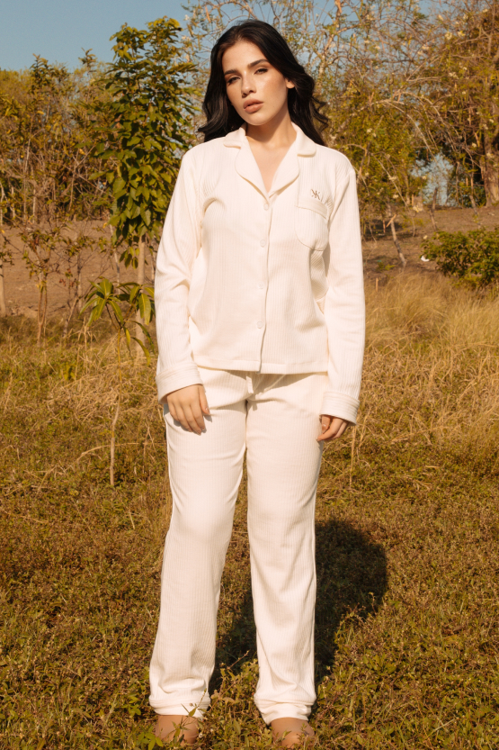 Pijama textura Rib Manga larga - Blanca