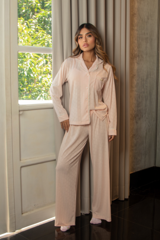 Pijama Manga Larga - Pointelle Rosa