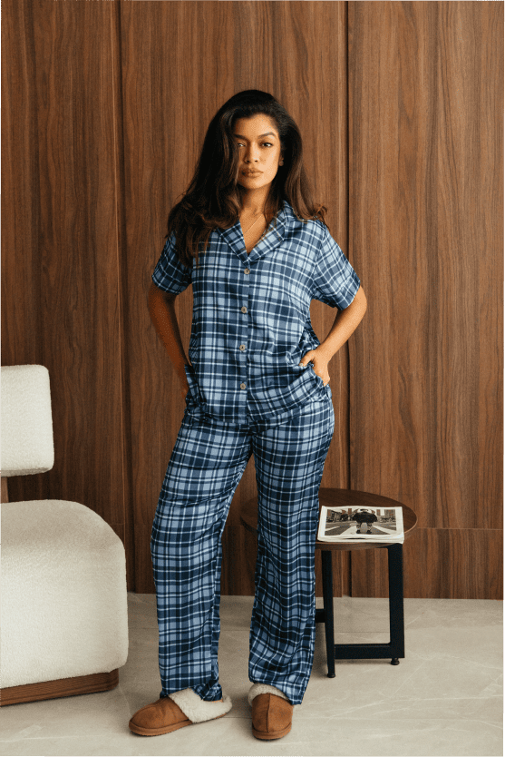 Pijama Larga Mujer - Tartan Azul
