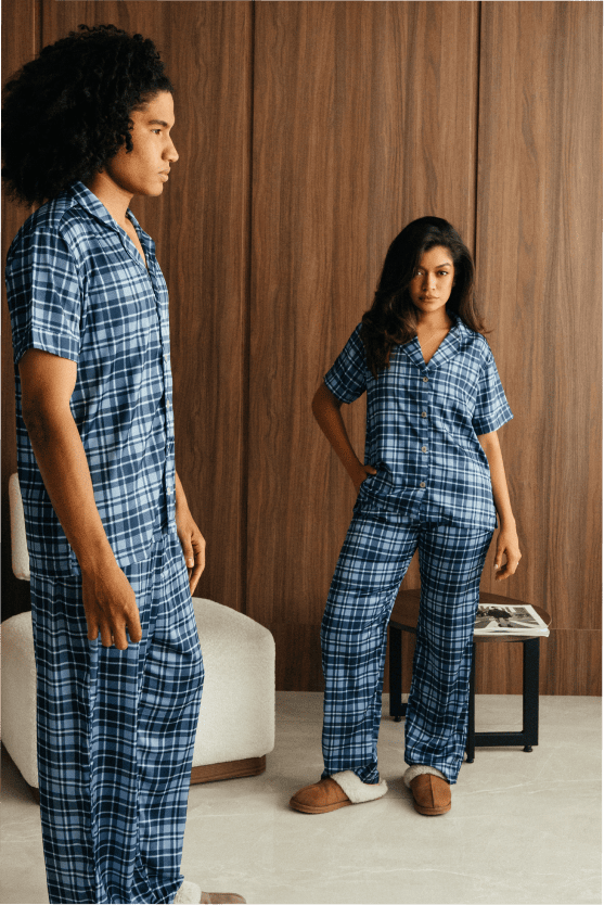 Pijama Larga Mujer - Tartan Azul