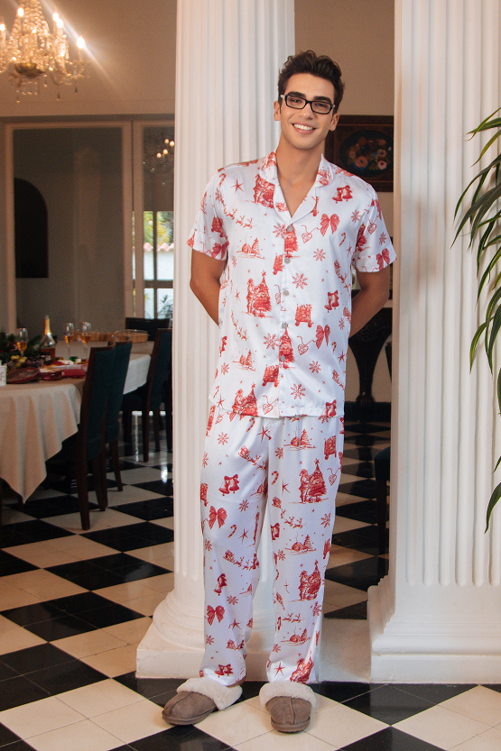 Pijama Larga Hombre - Postal de Invierno Rojo